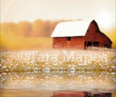 Red Barn By Lake in Field - Spring Lake in Field -  Creamy Country Background- Digital Background Backdrop