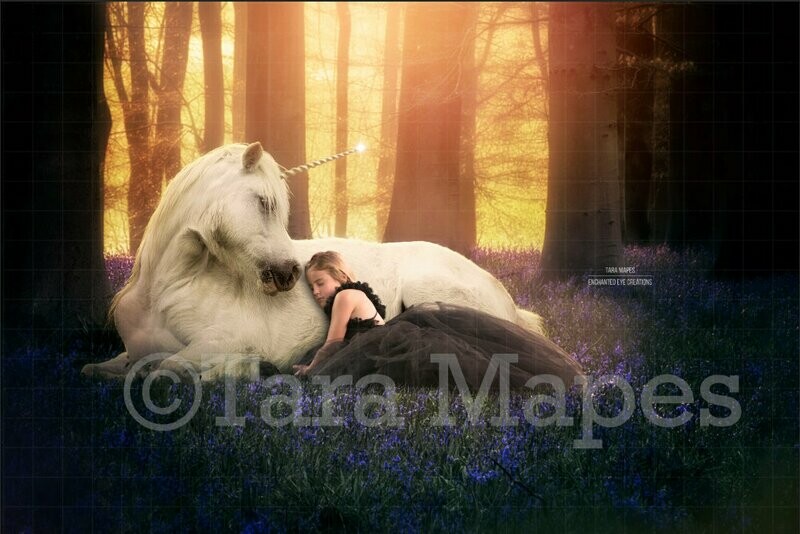 Unicorn in Magical Bluebell Forest Digital Background / Backdrop