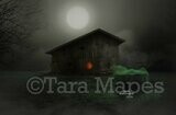 Witch&#39;s Cabin in Foggy Field with Cauldron Halloween Witch Digital Background / Backdrop