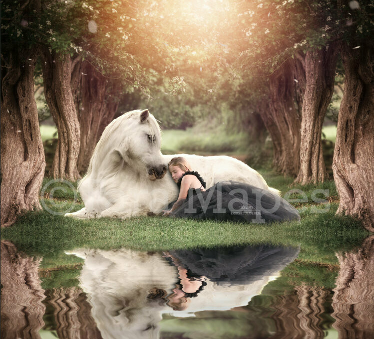 White Horse in Creamy Tree Tunnel by Lake Digital Background / Backdrop