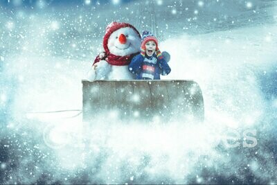 Snowman Sled Ride Christmas Winter Holiday Digital Background Backdrop