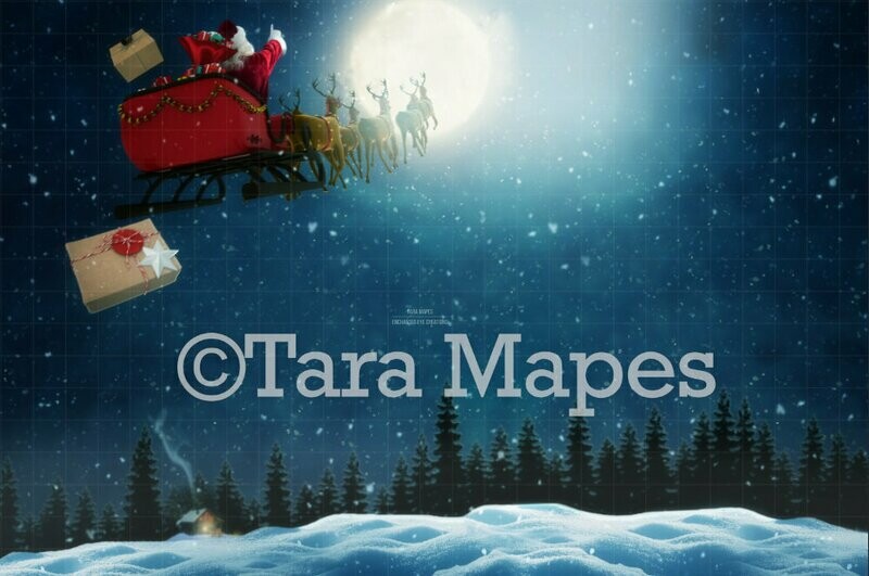 Santa's Sleigh in Sky Dropping gifts by Pine Trees and Cabin Holiday Winter Christmas Digital Background Backdrop