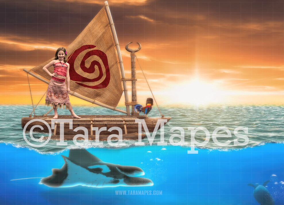Raft Boat Ocean - Boat in Ocean - Digital Background Backdrop