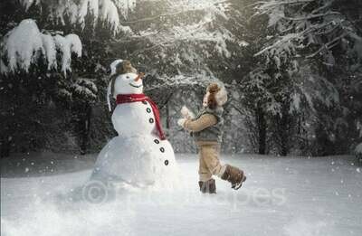 Snowman by Pines in Sunset - Frost the Snowman-  Winter Christmas Digital Background Backdrop