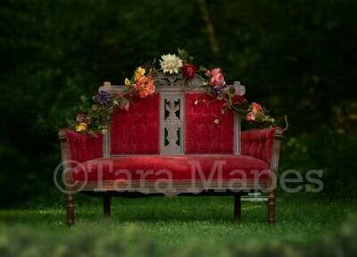Red Fairy Couch in Forest - Nature - Antique Couch with Flowers - Creamy Nature Background Backdrop