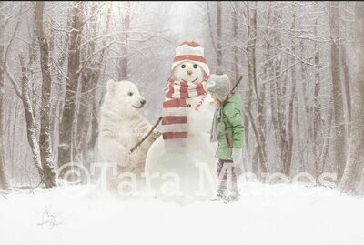 Polar Bear Building Snowman - Snowy Winter Scene - FREE SNOW OVERLAY - Christmas Whimsical Winter Digital Background Backdrop