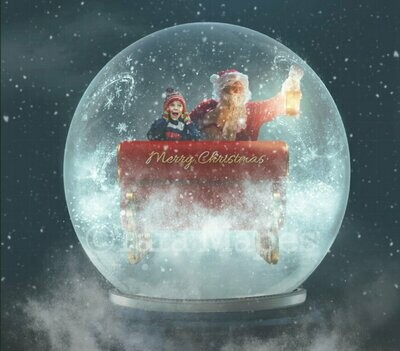 Santas Sleigh in Magic Snow Globe - Snowglobe Christmas Holiday Digital Background Backdrop