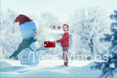 Snowman Giving Gift - Snowman in Hat - Frosty Winter - Christmas Digital Background Backdrop