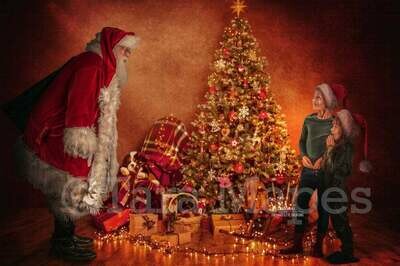 Santa with Gifts by Tree - Vintage Christmas - Santa Caught - Cozy Christmas Scene - Christmas Holiday Digital Background Backdrop