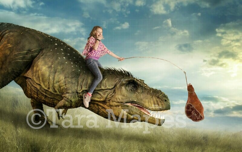 T Rex Dinosaur Chasing Meat on Stick - Ham PNG included - Funny Dinosaur Digital Background Backdrop