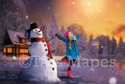 Snowman by Cabin in Sunset - Frosty the Snowman-  Winter Christmas Digital Background Backdrop