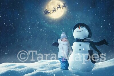 Snowman Watching Santa in Moon Winter Christmas Digital Background Backdrop