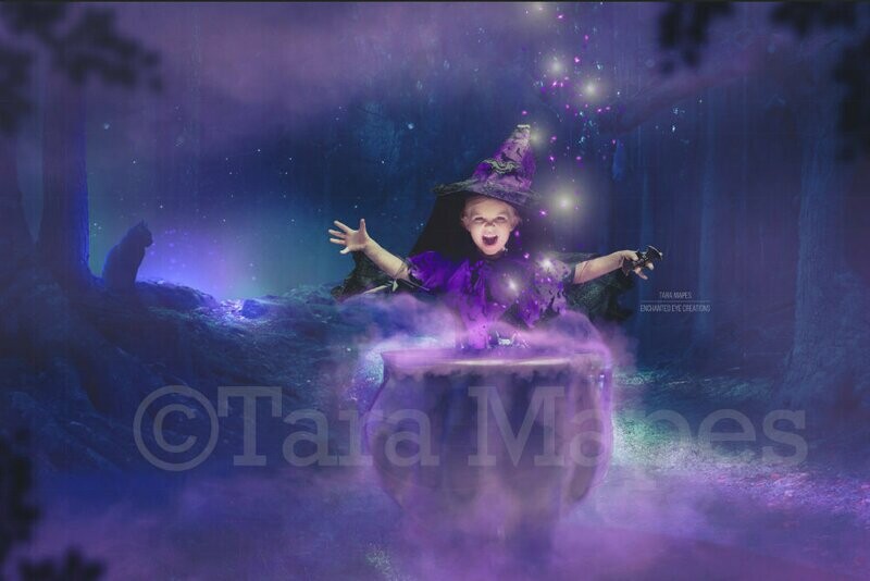 Witch Casting Spell with Cauldron in Woods Digital Background / Backdrop
