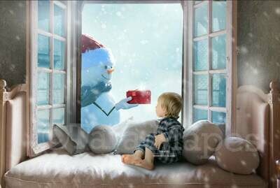 Snowman in Christmas Window with Gift Holiday Magical Digital Background Backdrop