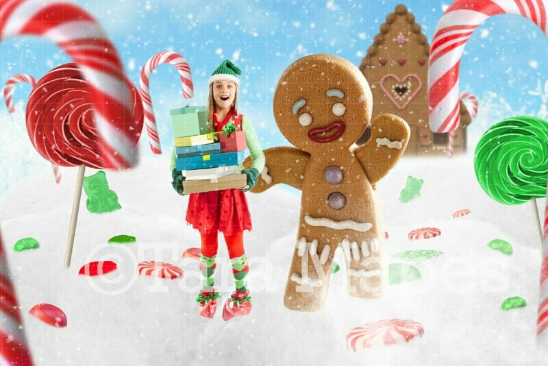 Gingerbread Man in Northpole - Gingerbread House - Candy - Holiday - Christmas Digital Background Backdrop