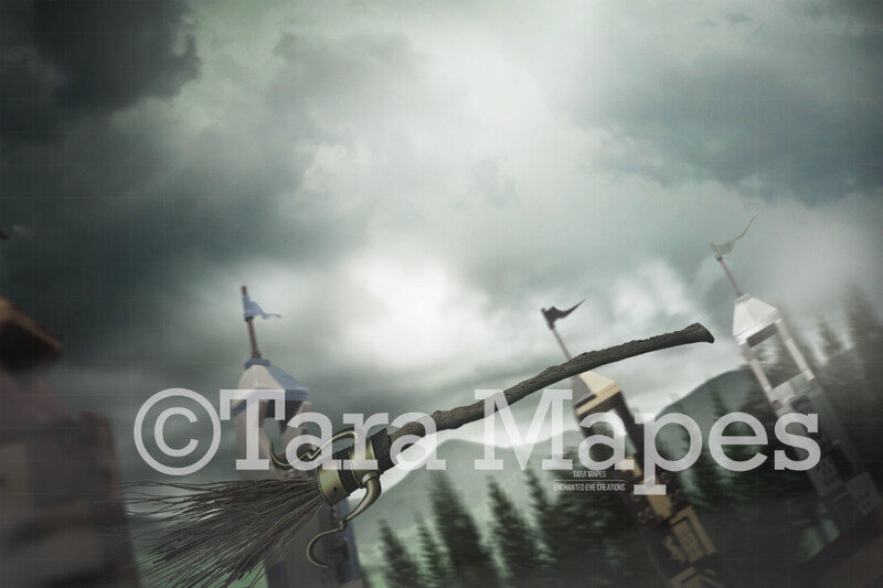 Wizard Witch Broom- Broom Flying - Stormy Sky Digital Background / Backdrop