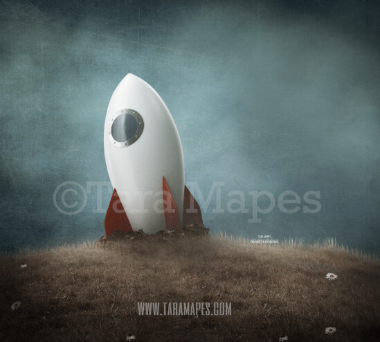 Space Digital Backdrop  Spaceship on a Hill -Whimsical Space Rocket Scene - Astronaut -Space - Outerspace- Digital Background Backdrop