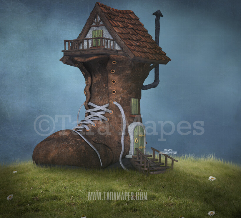 Shoe House on a Hill -Whimsical Scene - Shoe on Hill- Digital Background Backdrop