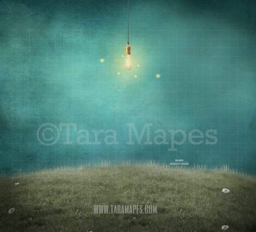 Magical Hill - Lightbulb and Fireflies on a Hill -Whimsical Scene - Digital Background Backdrop