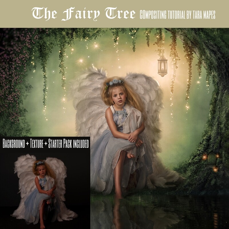 Fairy Tree Painterly Editing + Compositing Photoshop Tutorial with Starter Pack SKIN ACTION & PORTRAIT ACTIONS - also includes- FAIRY BACKGROUND and 34 TEXTURES and PAINTERLY PRESET