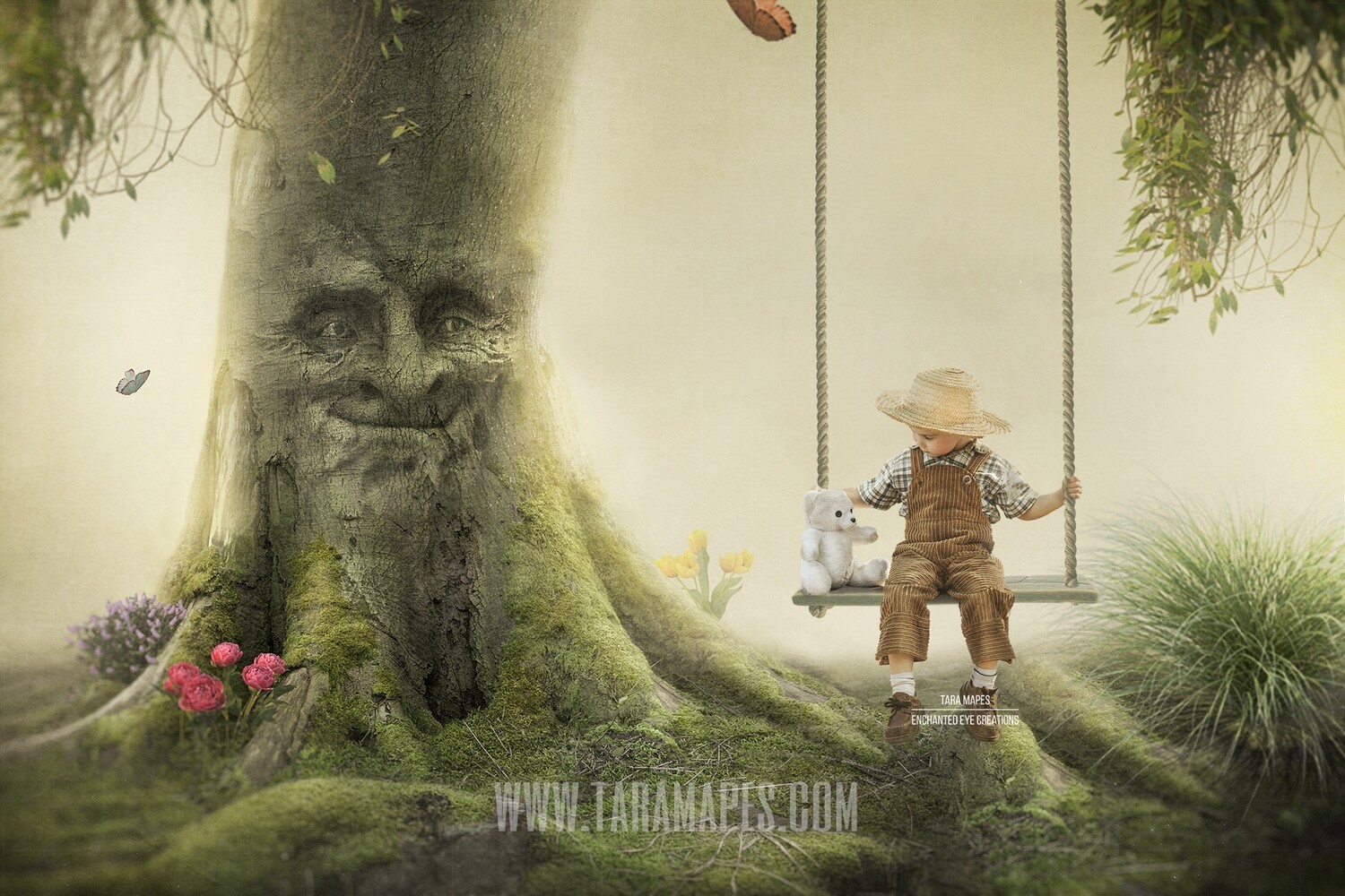 Enchanted Tree with Face - Tree Face in Enchanted Forest - Layered PSD Digital Background Backdrop - Separate Element Layers -