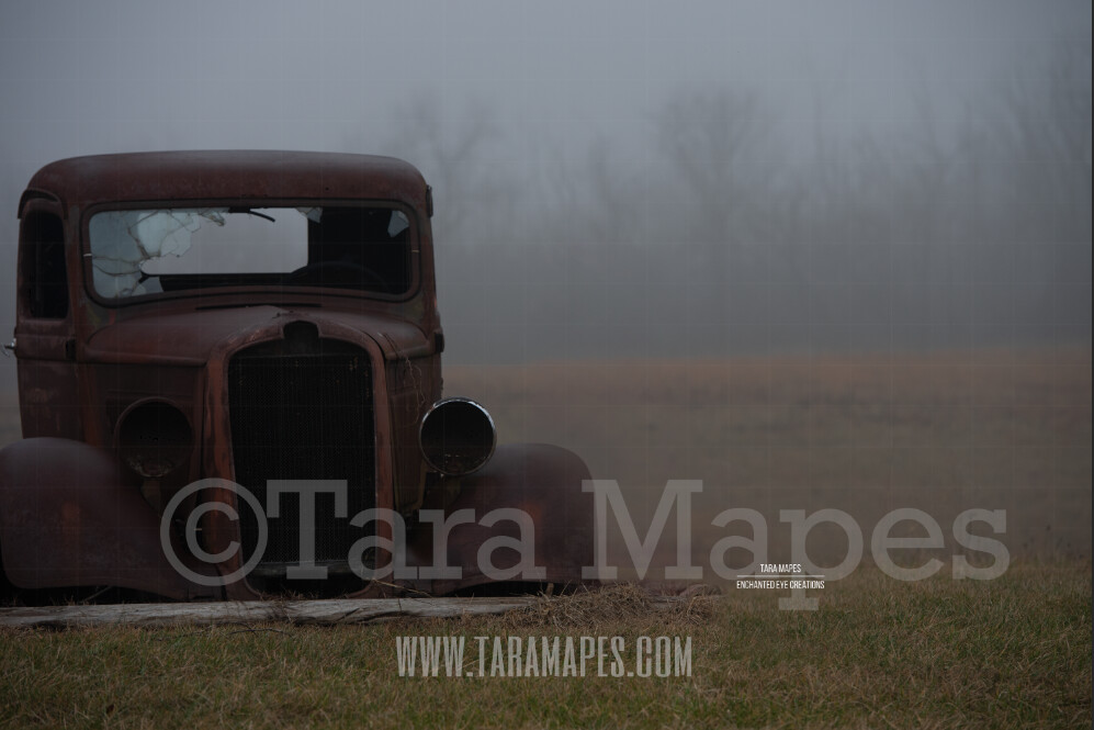 Vintage Truck in Fog - Foggy Background - Rusted Old Truck in Field of Fog Digital Background by Tara Mapes