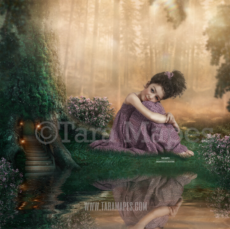 Fairy Tree in Enchanted Forest - Magic Fairy Tree by Pond - Magical Fairy Photoshop Digital Background / Backdrop