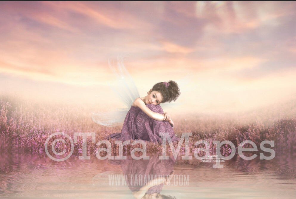 Field by Pond Lake - Magic Fairy Field by Pond - Magical Field Sunset Creamy Photoshop Digital Background / Backdrop