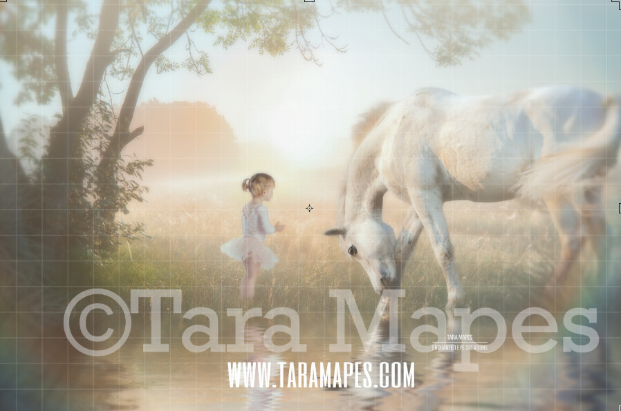 White Horse by Enchanted Tree by Pond Lake - Creamy Sunset Field by Pond - Magical Pastel Field Sunset  Photoshop Digital Background / Backdrop