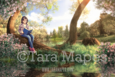 Tree by Pond Lake - Spring Tree Easter Tree - Creamy Soft Sunset  Photoshop Digital Background / Backdrop