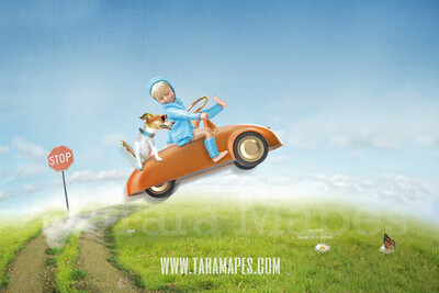Vintage Speedster Cartoon Look Background - Whimsical Illustrated Look - Vintage Car over Hill- Digital Background by Tara Mapes