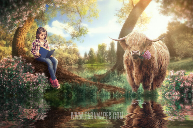 Highland Cow by Tree - Spring Setting by Pond Lake - Spring Tree Easter Tree - Creamy Soft Sunset  Photoshop Digital Background / Backdrop