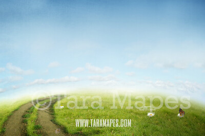 Vintage Hill - Spring Scene- Hill with Blue Sky Digital Background Backdrop