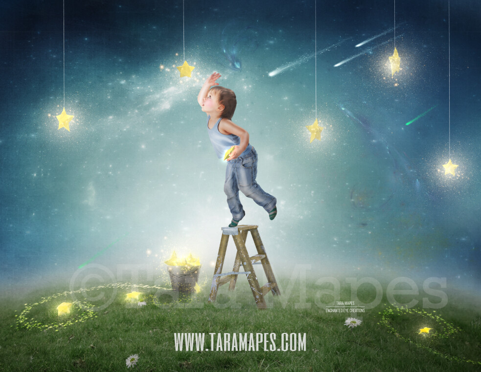 Bucket of Stars  - Star Catcher on Hill - Whimsical Layered PSD  Digital Background Backdrop - Separate Element Layers