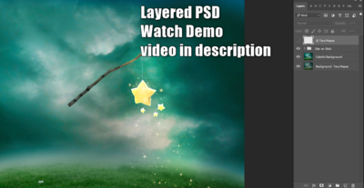 Star Hobo  - Star Catcher on Hill - Whimsical Layered PSD  Digital Background Backdrop - Separate Element Layers