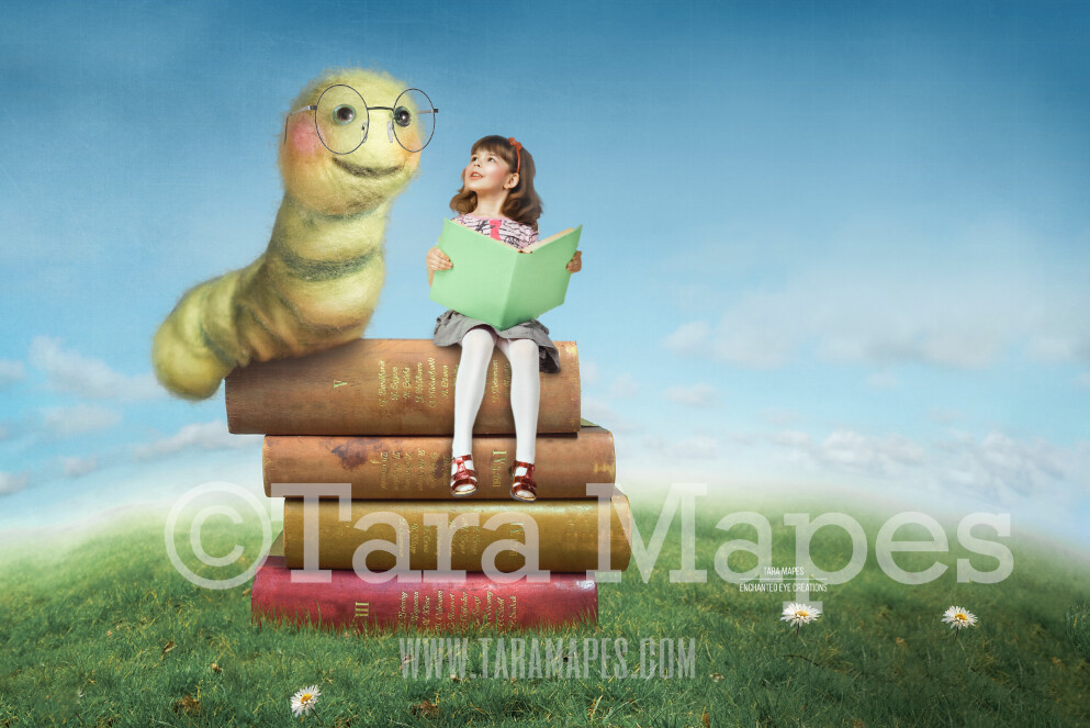 Book Worm Whimsical Reader Background- Book Lovers Scene- Hill with Blue Sky Digital Background Backdrop