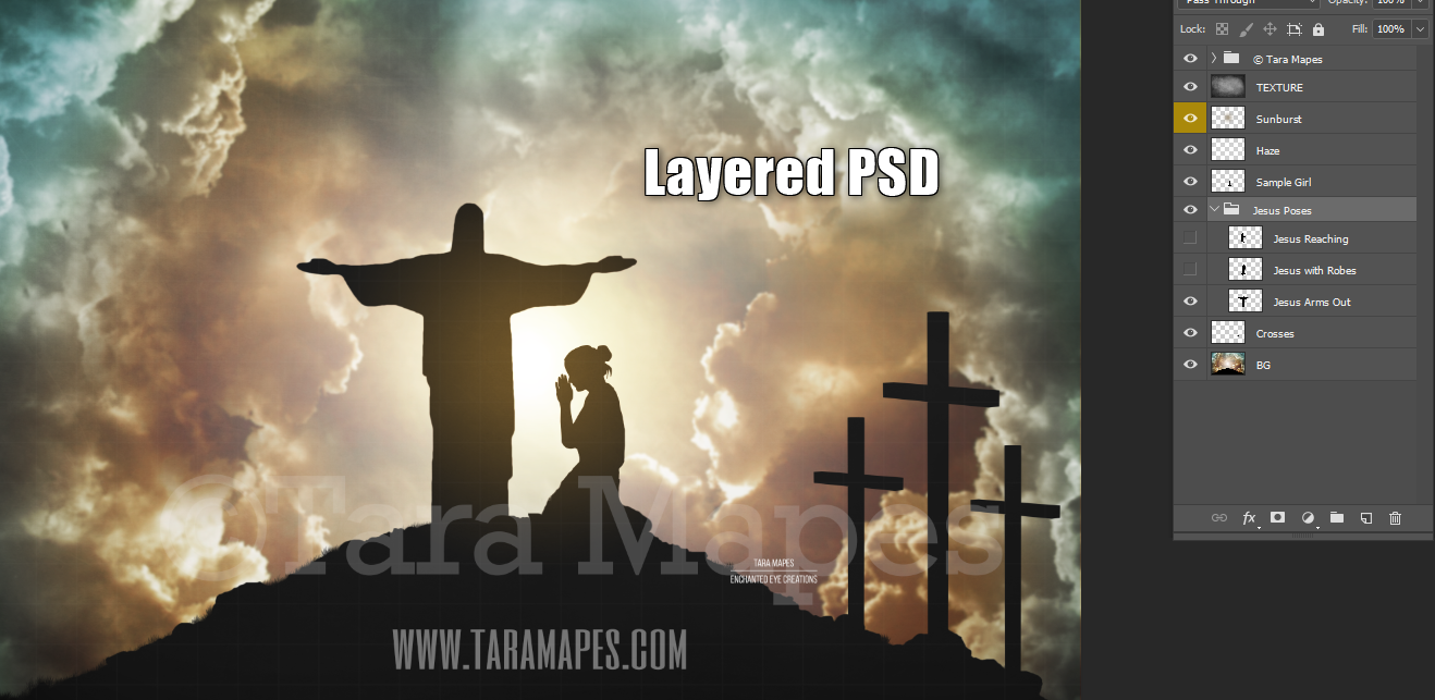Jesus Silhouettes on Hill - 5 Different Background Options - Easter - Heavenly - Layered PSD  Digital Background Backdrop