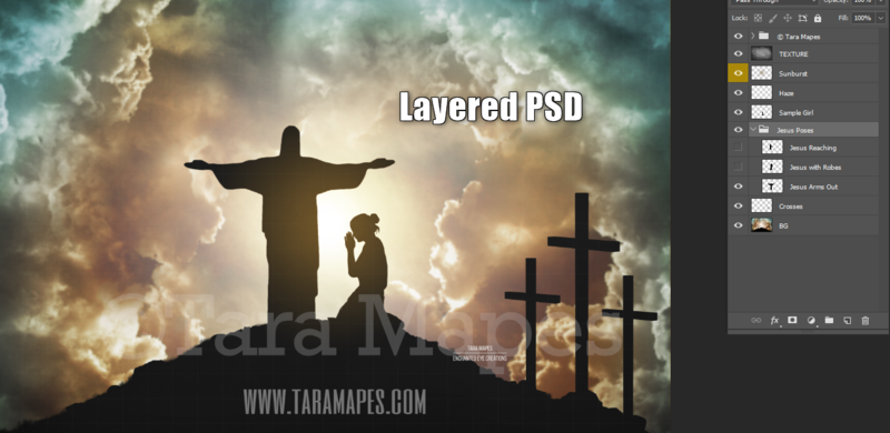 Jesus Silhouettes on Hill - 5 Different Background Options - Easter - Heavenly - Layered PSD Digital Background Backdrop