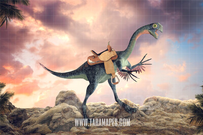 Funny Dinosaur with Saddle - Dinosaur on Rocks Digital Background by Tara Mapes