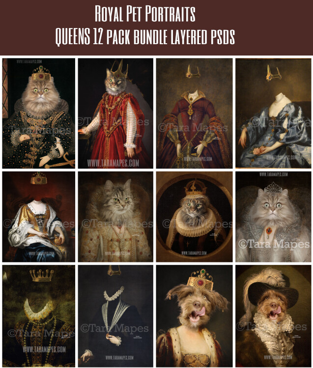 PACK OF 12 - Pet Portrait QUEENS PSD Template - Pet Painting Portrait Body- Layered PSD Digital Background Backdrop