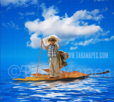 Leaf Boat in Ocean Colorful Whimsical Digital Background Backdrop