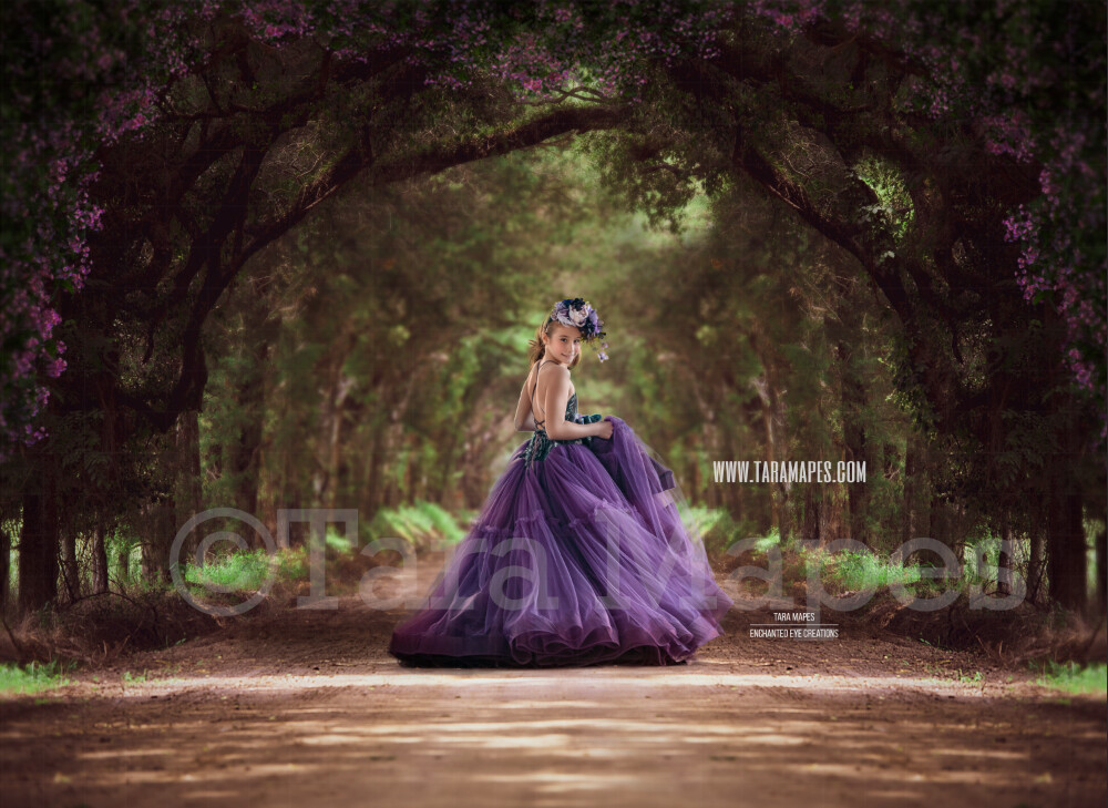 Forest Tree Tunnel Long Dirt Road Surrounded by Trees and Flowers Digital Background Backdrop