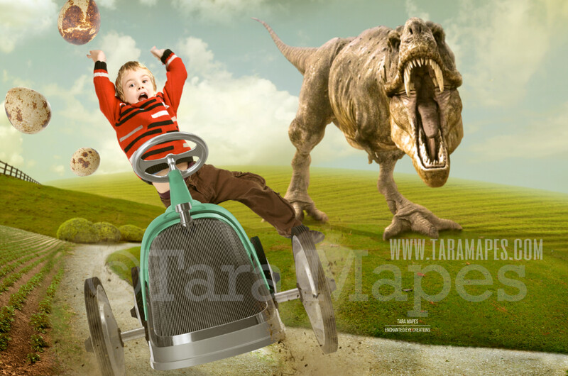 Dinosaur T-Rex Chasing Vintage Car on Road - Funny Digital Background - LAYERED PSD by Tara Mapes