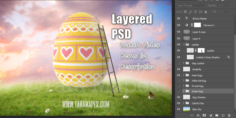 Painting a Big Easter Egg- Big Egg on a Hill - Digital Background LAYERED PSD - Easter Digital Backgrounds