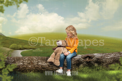 Easter Spring Log by Dirt Road - Spring Background - Creamy Flowers in Forest- Log in Forest Digital Background / Backdrop
