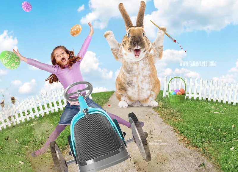 Easter Egg Thief- Easter Bunny Chasing Car on a Hill - Whimsical Digital Background LAYERED PSD - Tara Mapes