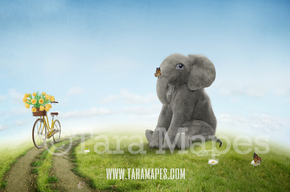 Baby Elephant on a Hill - Spring Vintage Whimsical Digital Background