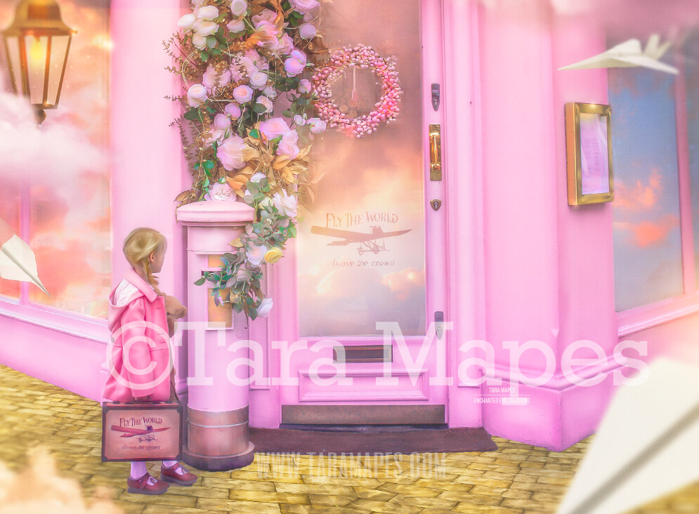 Fly the World - Magical Pink Building - London Background - Digital Background Backdrop