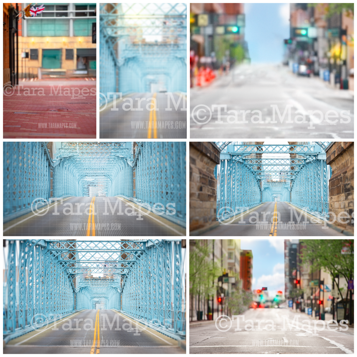 7 PACK of City Landscapes: City Street, City Alley, City Bridge Digital Background Backdrops - Colorful City with Traffic Lights Street, Alley and Bridge for Portraits Digital Background