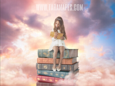 Stack of Books in Sky - Magical World - Book Lover- Books in Colorful Sky - Dreamy Creamy Whimsical - Digital Background
